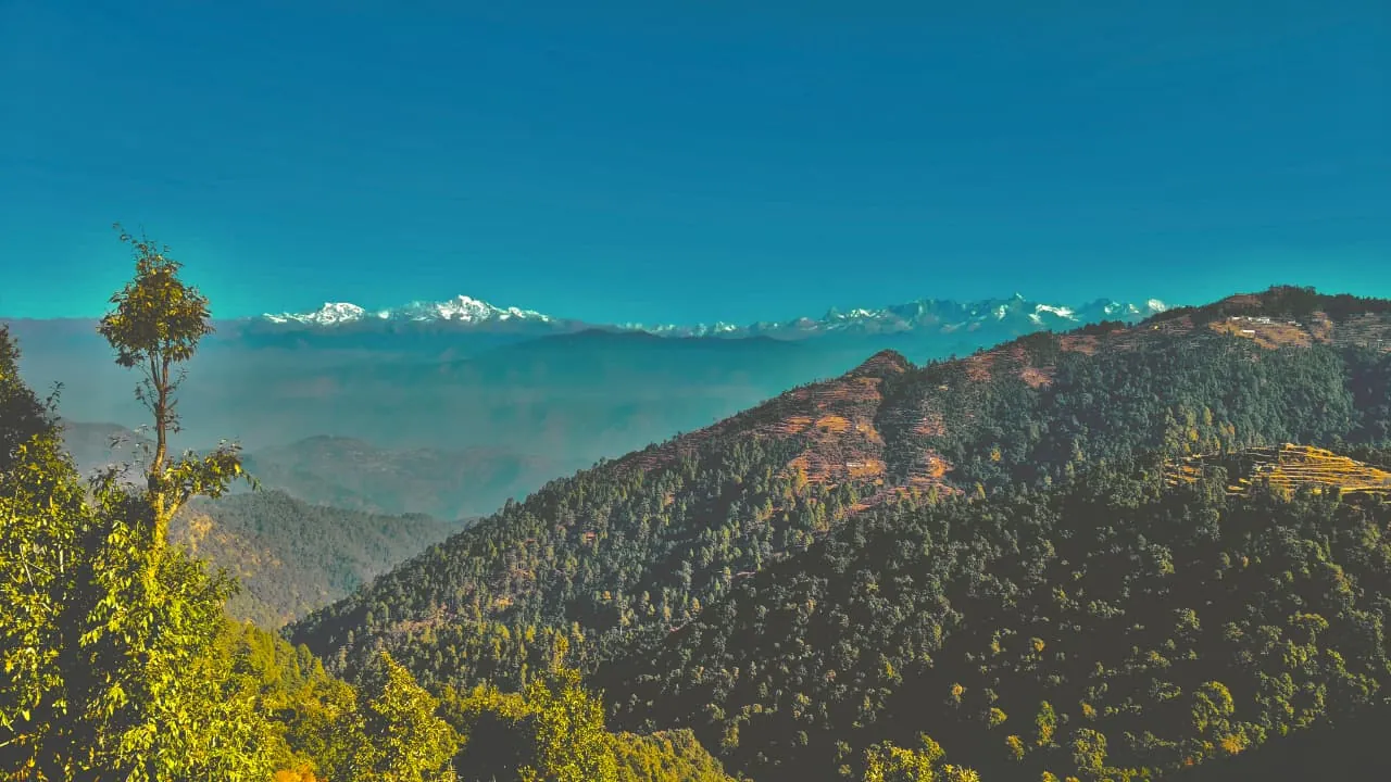 Clear autumn view of the Himalayan snow peaks from Kanatal