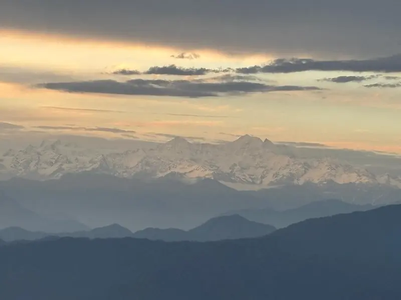 First light on the peaks at Namah Stay Himalayas, Kanatal