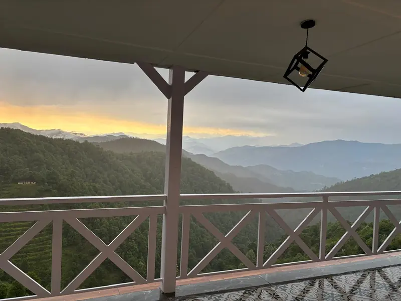 Sunset from the deck at Namah Stay Himalayas, Kanatal